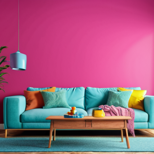 Home 4 A vibrant, colorful living room showcasing a wall painted in a trendy Pantone color. The room should have a modern and personalized feel. Focus on the accent wall and the overall aesthetic.