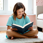 A joyful mother and her young child, both fully clothed in modest, comfortable home attire, are reading a book together on a soft rug in a brightly lit, clean child's room. The room features a freshly applied, eco-friendly wallpaper in a calming pastel color, subtly visible in the background, suggesting a healthy and pure atmosphere. Natural light streams through a window, illuminating the space. The overall scene conveys comfort, safety, and well-being. Perfect anatomy, correct proportions, natural pose, well-formed hands, proper finger count, natural body proportions. Professional photography, high quality, studio lighting, soft focus, safe for work, appropriate content, family-friendly.